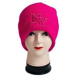Embroidered NY Men Women Winter Knit Warm Fur lined Beanie Hat - Fuchsia/Pink